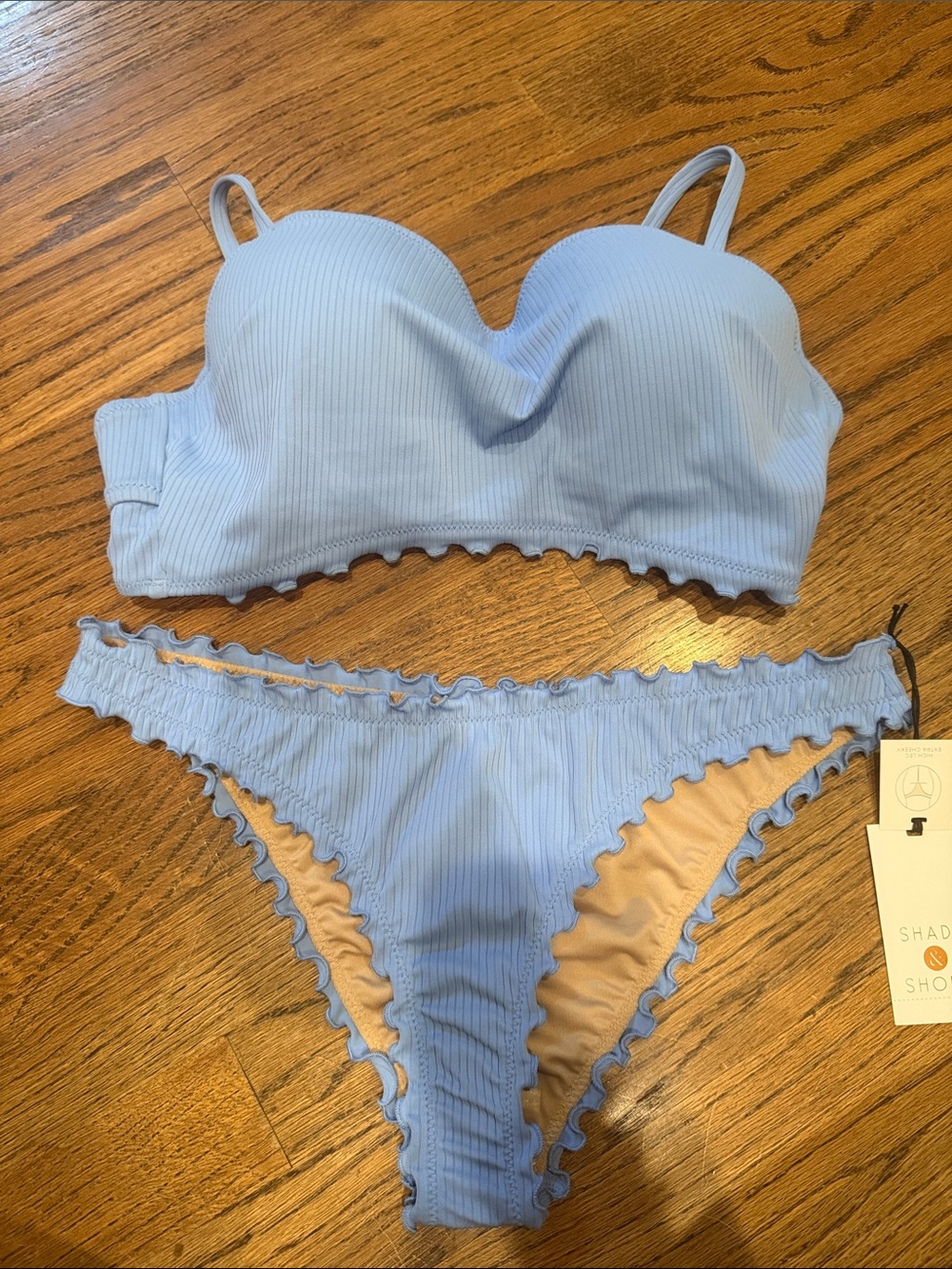 Shade & Shore Ribbed Light Blue Bandeau Bikini Set Sz small bottoms & top 34B